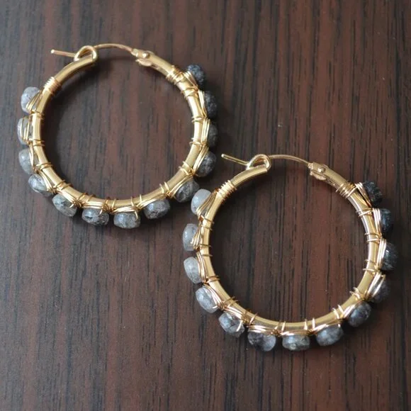 Black Rutilated Quartz Wire Wrapped Gold Hoops - Picture 7 of 11